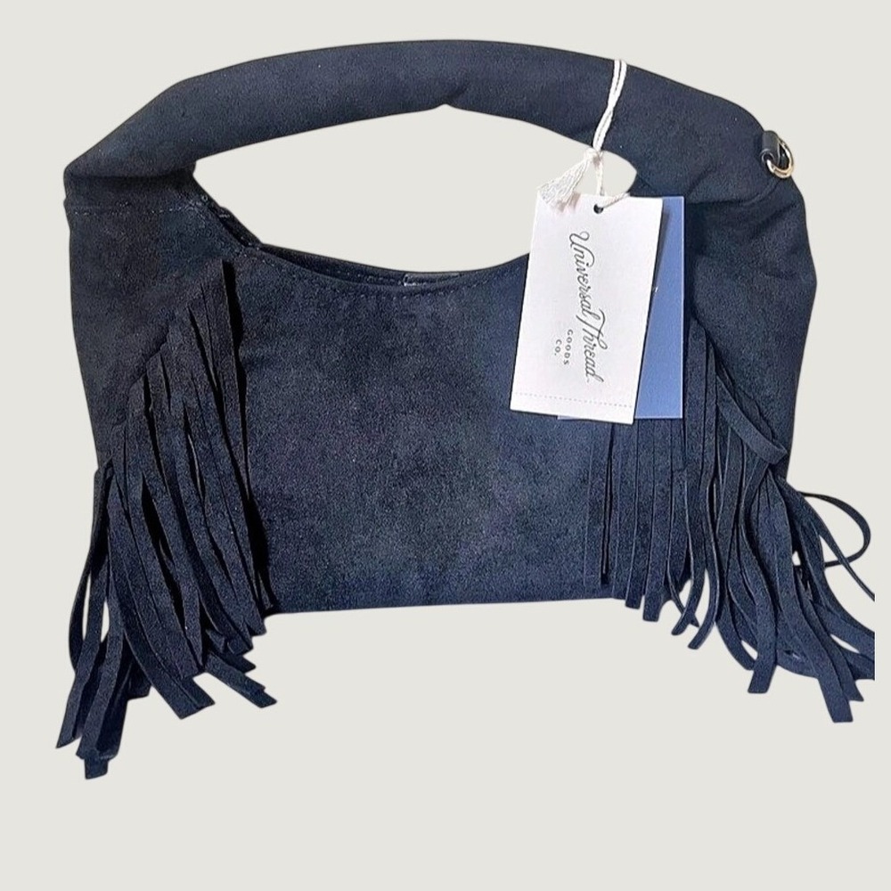 Universal Thread Soft Fringe Crescent Handbag Black Faux Suede Western Hobo NWT